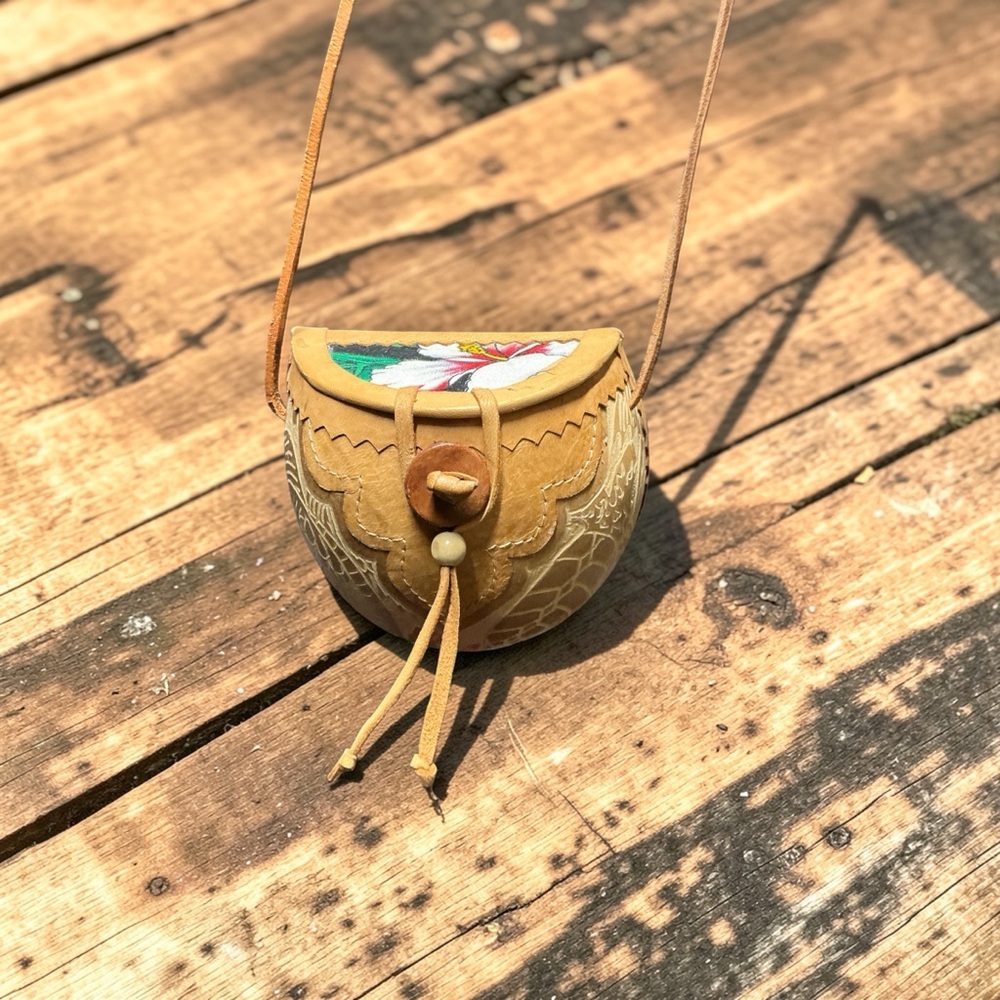 Vintage Style Tooled Leather Small Crossbody Bag Floral Panel